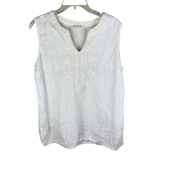 Charter Club Embroidered Sleeveless Top Blouse Shirt Women Size L White Linen - Picture 1 of 3